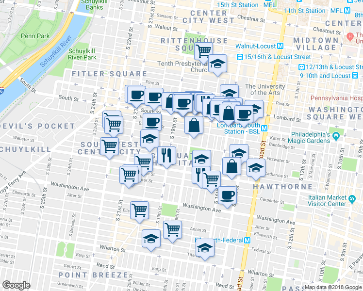 map of restaurants, bars, coffee shops, grocery stores, and more near 740 South Cleveland Street in Philadelphia