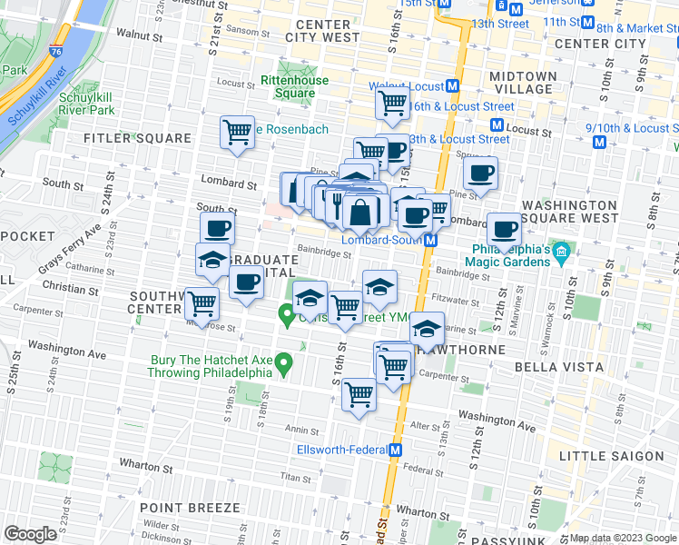 map of restaurants, bars, coffee shops, grocery stores, and more near 729 South Smedley Street in Philadelphia
