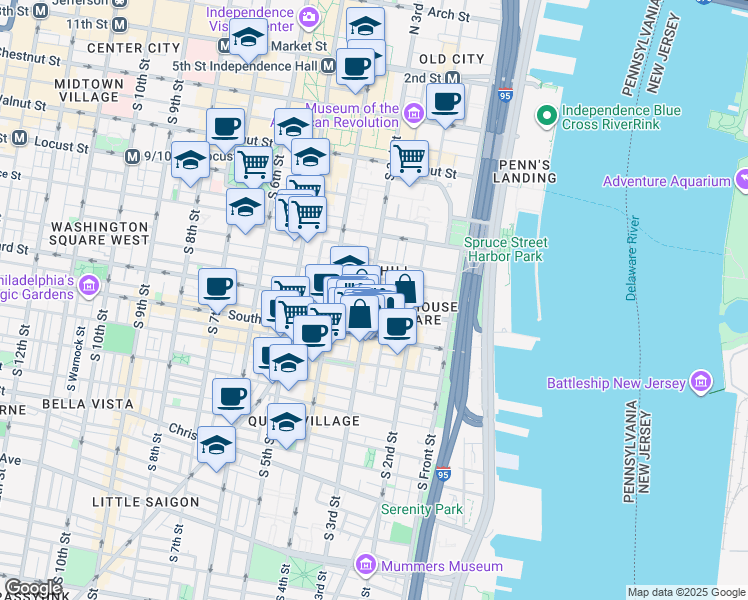 map of restaurants, bars, coffee shops, grocery stores, and more near 421 South 3rd Street in Philadelphia