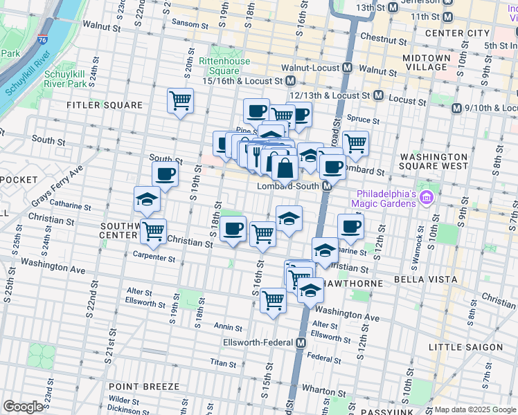 map of restaurants, bars, coffee shops, grocery stores, and more near 729 South Smedley Street in Philadelphia