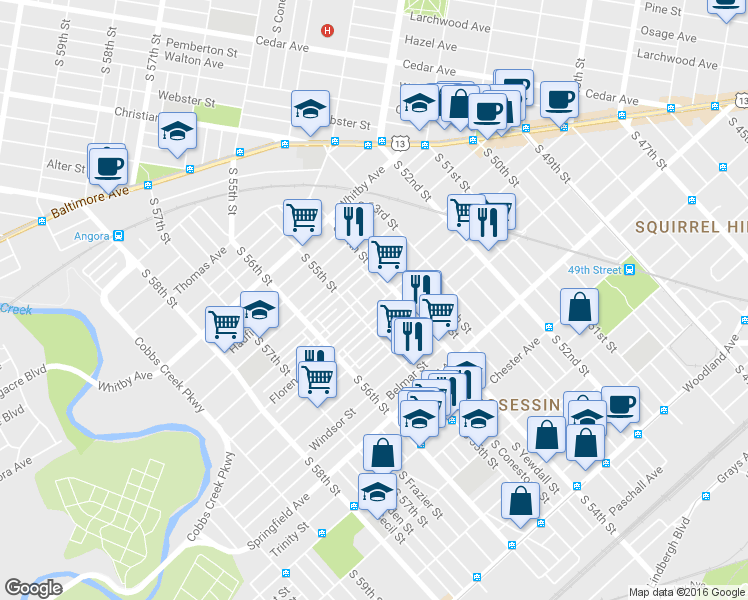 map of restaurants, bars, coffee shops, grocery stores, and more near 5431 Florence Avenue in Philadelphia