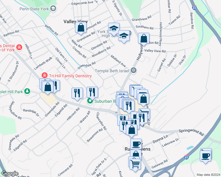 map of restaurants, bars, coffee shops, grocery stores, and more near 605 Hillcrest Road in York