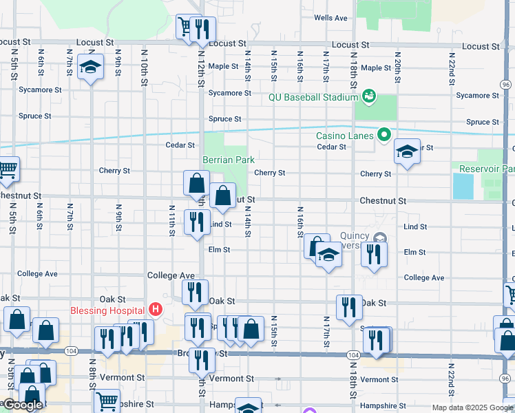 map of restaurants, bars, coffee shops, grocery stores, and more near 1401 Lind Street in Quincy