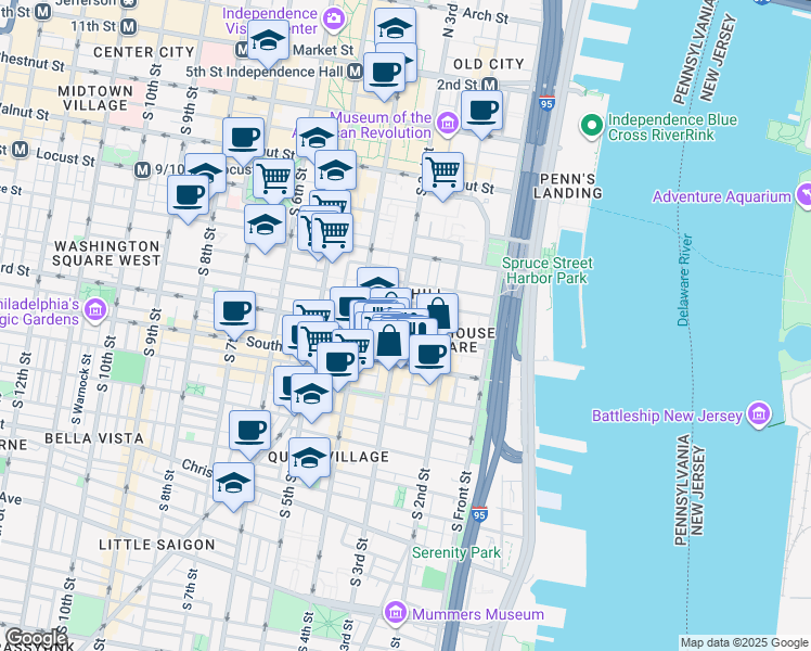 map of restaurants, bars, coffee shops, grocery stores, and more near 421 South 3rd Street in Philadelphia