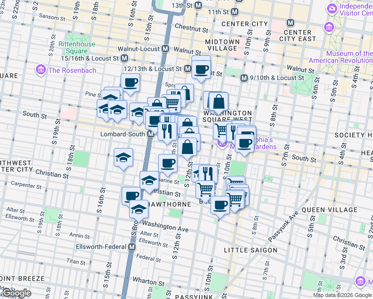 map of restaurants, bars, coffee shops, grocery stores, and more near 711 South 12th Street in Philadelphia