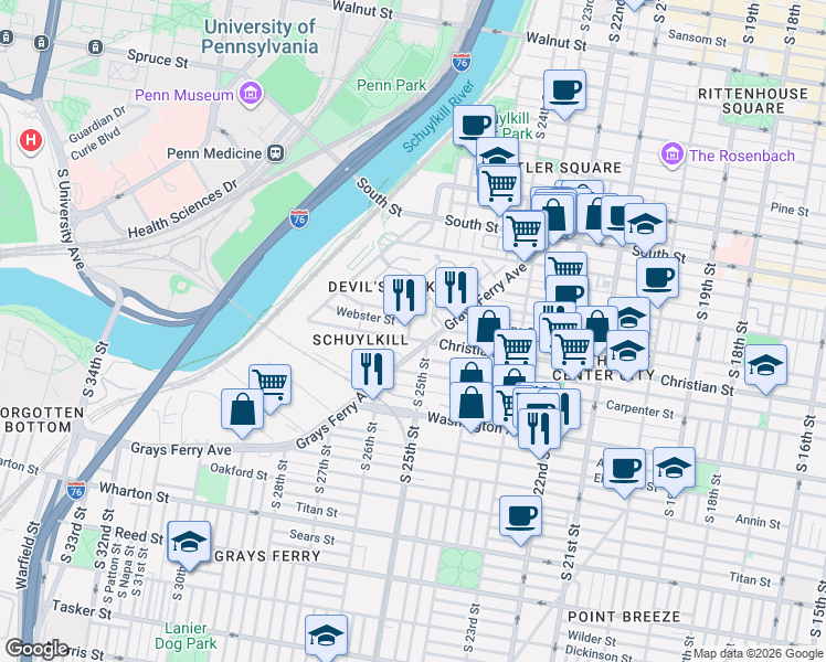 map of restaurants, bars, coffee shops, grocery stores, and more near 2501 Christian Street in Philadelphia