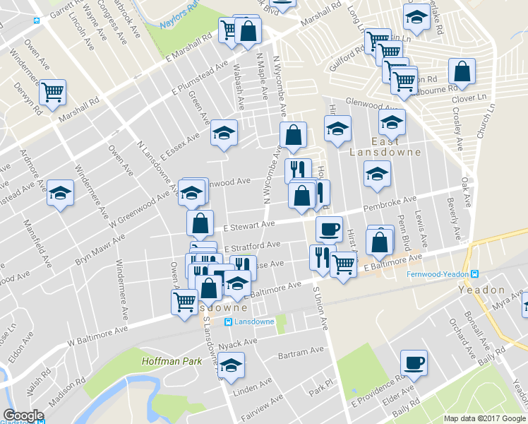map of restaurants, bars, coffee shops, grocery stores, and more near 100 North Wycombe Avenue in Lansdowne
