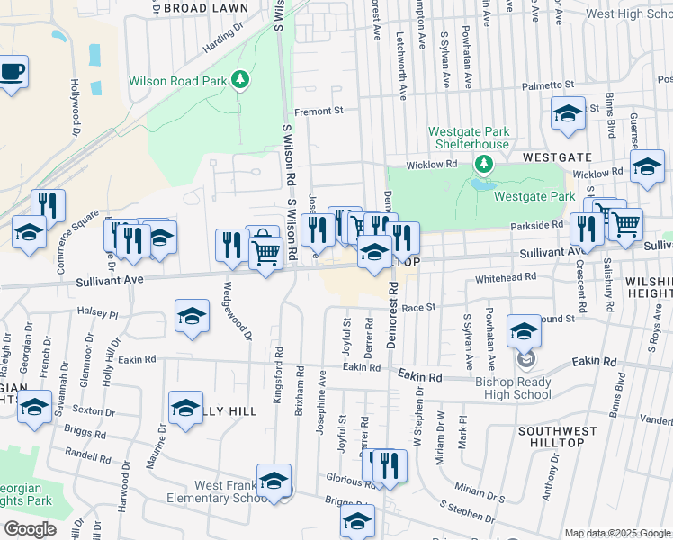 map of restaurants, bars, coffee shops, grocery stores, and more near 3505 Sullivant Avenue in Columbus