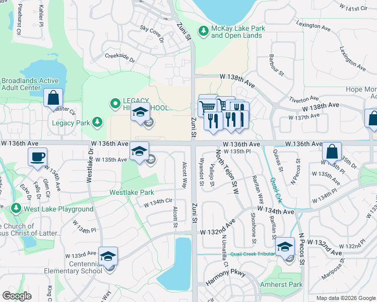 map of restaurants, bars, coffee shops, grocery stores, and more near 13461 Alcott Way in Broomfield