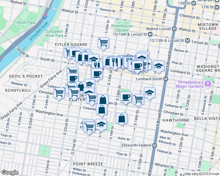 map of restaurants, bars, coffee shops, grocery stores, and more near 1830 Fitzwater Street in Philadelphia