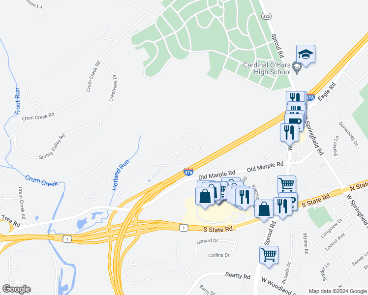 map of restaurants, bars, coffee shops, grocery stores, and more near 2303 Aspen Circle in Springfield