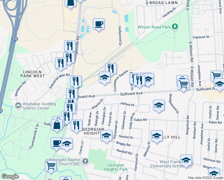 map of restaurants, bars, coffee shops, grocery stores, and more near 4021 Sullivant Avenue in Columbus