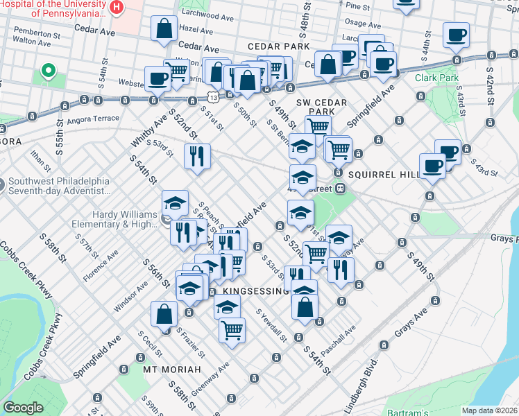 map of restaurants, bars, coffee shops, grocery stores, and more near S 52nd St & Springfield Ave in Philadelphia