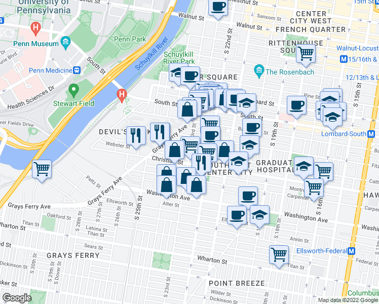 map of restaurants, bars, coffee shops, grocery stores, and more near South 23rd Street & Catharine Street in Philadelphia