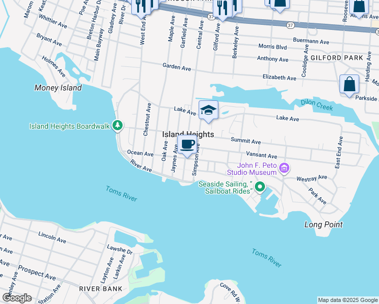 map of restaurants, bars, coffee shops, grocery stores, and more near 104 Central Avenue in Island Heights