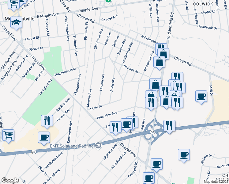 map of restaurants, bars, coffee shops, grocery stores, and more near 347 Union Avenue in Cherry Hill