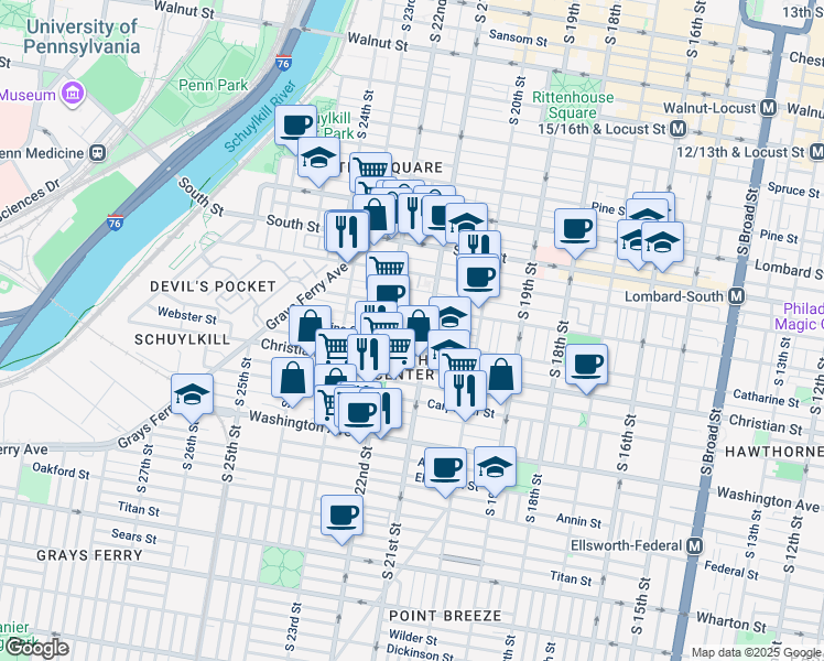 map of restaurants, bars, coffee shops, grocery stores, and more near 2118 Saint Albans Street in Philadelphia