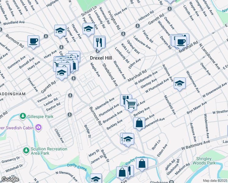 map of restaurants, bars, coffee shops, grocery stores, and more near 3202 Marshall Road in Drexel Hill