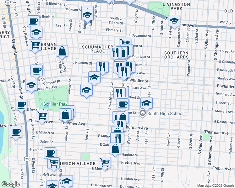 map of restaurants, bars, coffee shops, grocery stores, and more near 1058 Parsons Avenue in Columbus