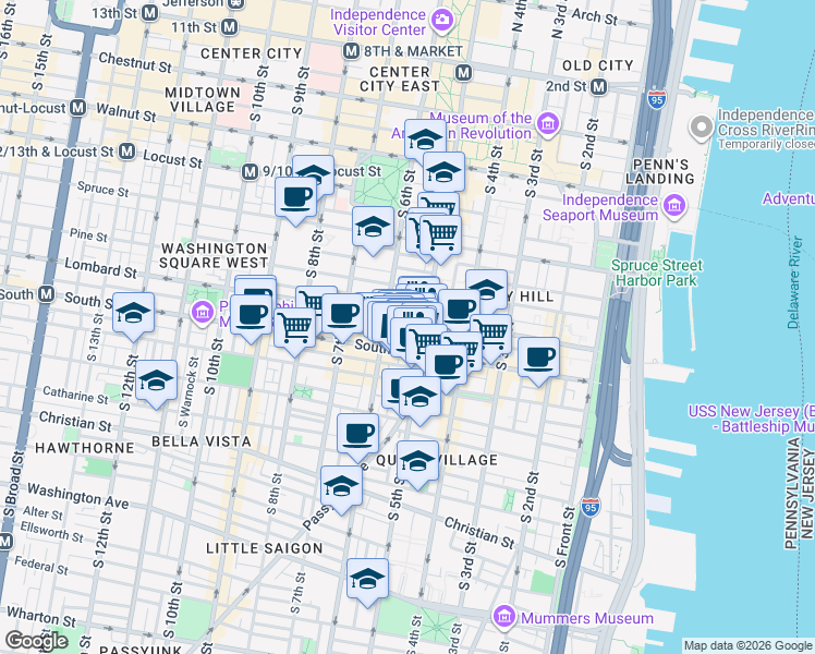 map of restaurants, bars, coffee shops, grocery stores, and more near 517 South Randolph Street in Philadelphia