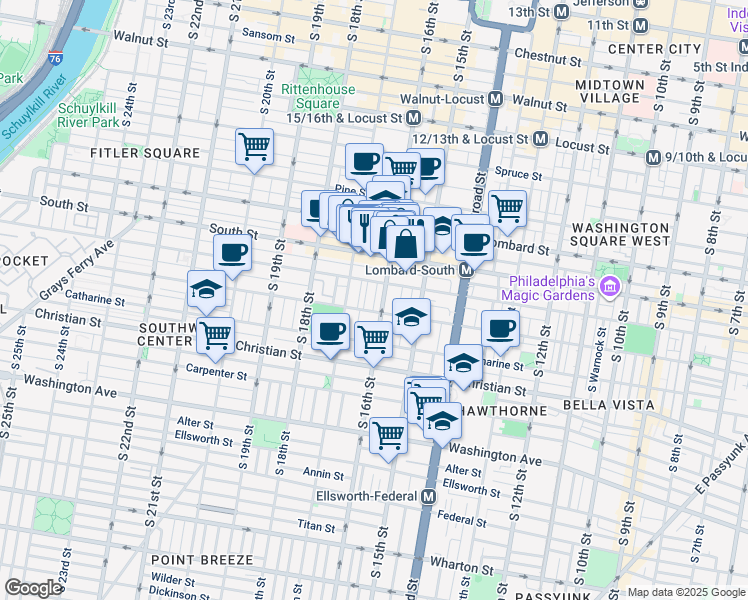 map of restaurants, bars, coffee shops, grocery stores, and more near 715 South Bancroft Street in Philadelphia