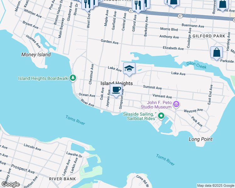 map of restaurants, bars, coffee shops, grocery stores, and more near 104 Central Avenue in Island Heights