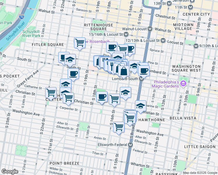 map of restaurants, bars, coffee shops, grocery stores, and more near 744 South 17th Street in Philadelphia