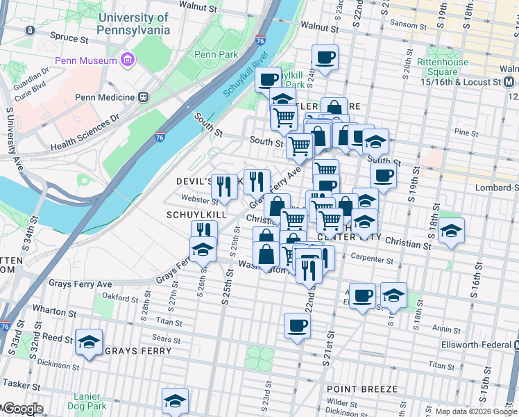 map of restaurants, bars, coffee shops, grocery stores, and more near 2400 Christian Street in Philadelphia
