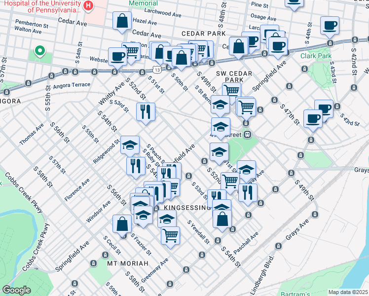 map of restaurants, bars, coffee shops, grocery stores, and more near 1154 South 52nd Street in Philadelphia