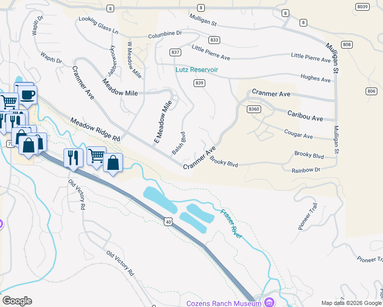 map of restaurants, bars, coffee shops, grocery stores, and more near 711 County Road 834 in Granby