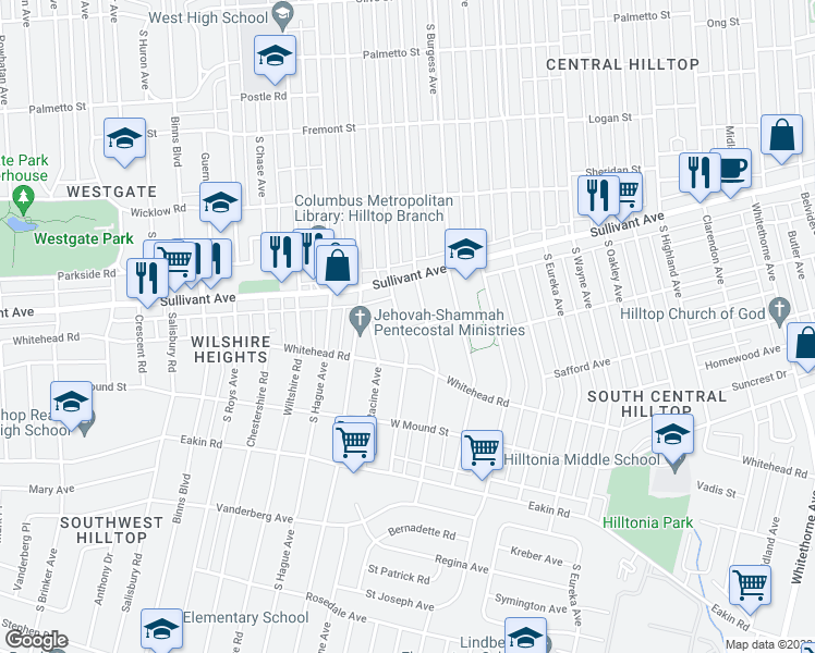 map of restaurants, bars, coffee shops, grocery stores, and more near 600 South Warren Avenue in Columbus