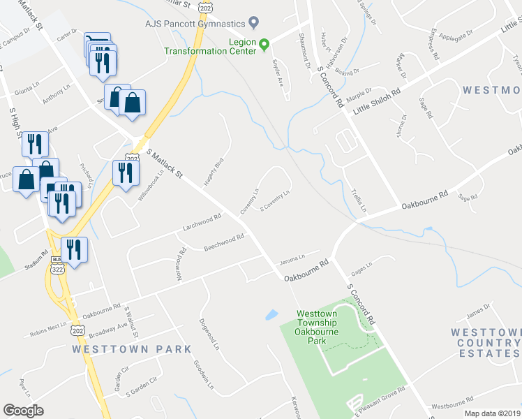 map of restaurants, bars, coffee shops, grocery stores, and more near 1549 South Coventry Lane in West Chester