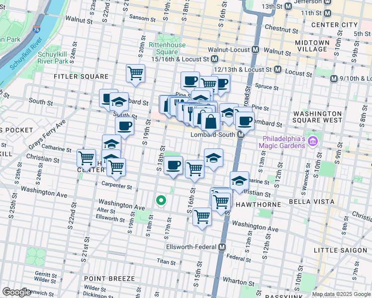 map of restaurants, bars, coffee shops, grocery stores, and more near 726 South Chadwick Street in Philadelphia