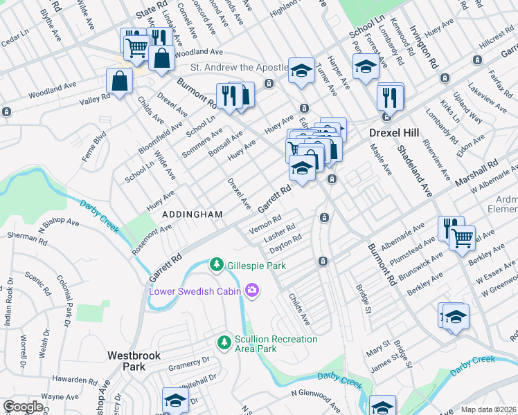 map of restaurants, bars, coffee shops, grocery stores, and more near 4101 Vernon Road in Drexel Hill
