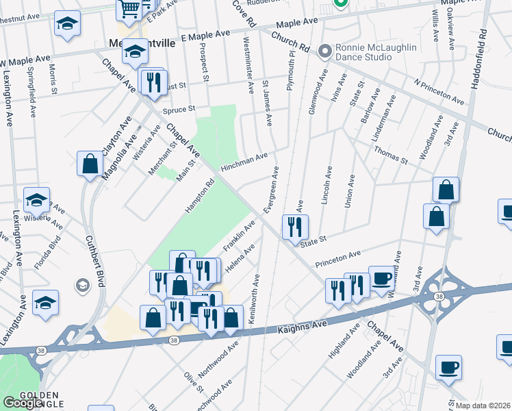 map of restaurants, bars, coffee shops, grocery stores, and more near 555 Chapel Avenue in Cherry Hill