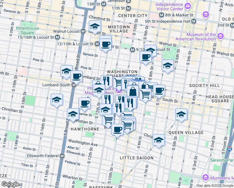 map of restaurants, bars, coffee shops, grocery stores, and more near 1011 Kater Street in Philadelphia