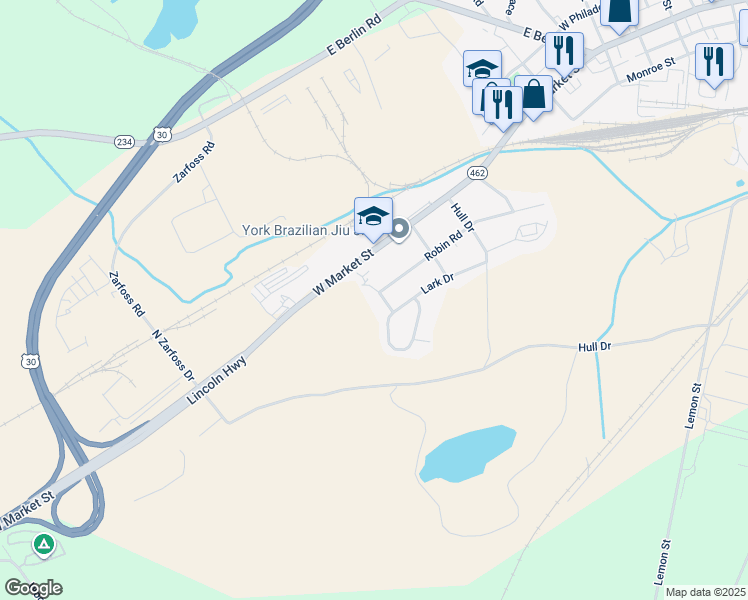 map of restaurants, bars, coffee shops, grocery stores, and more near 100 Finch Drive in York