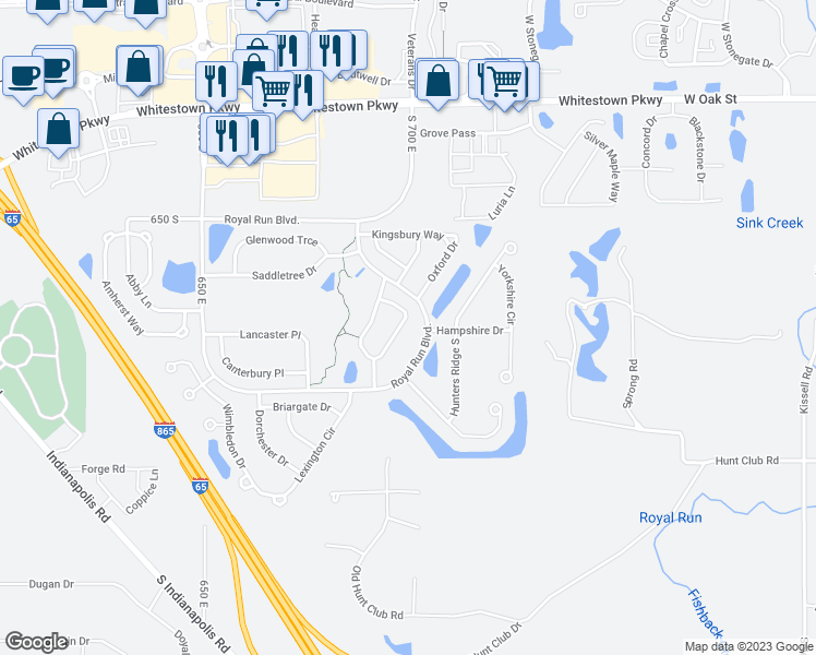 map of restaurants, bars, coffee shops, grocery stores, and more near 6547 Roxbury Place in Zionsville