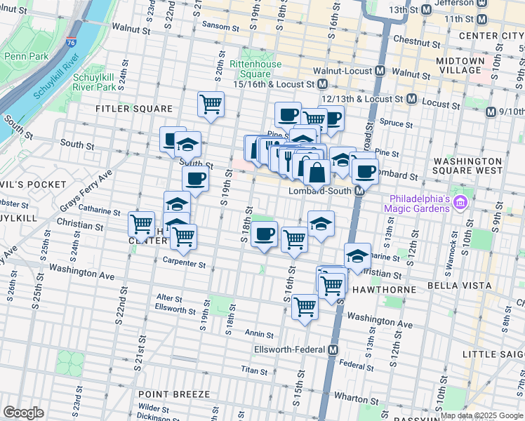 map of restaurants, bars, coffee shops, grocery stores, and more near 1711 Fitzwater Street in Philadelphia