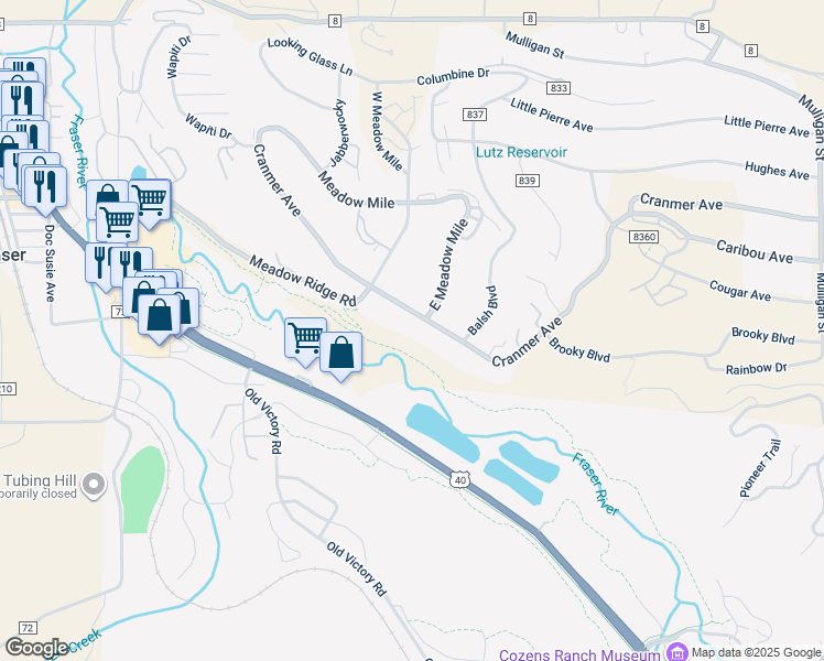 map of restaurants, bars, coffee shops, grocery stores, and more near Fraser River Trail in Winter Park