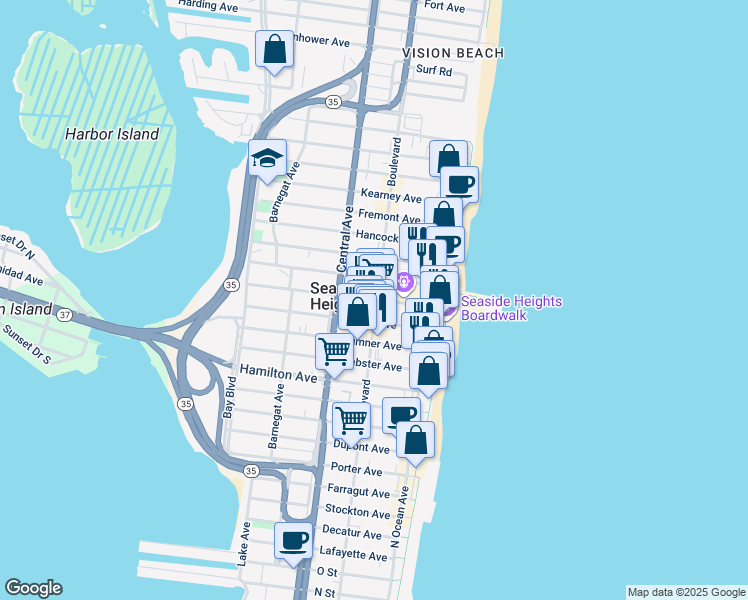 map of restaurants, bars, coffee shops, grocery stores, and more near 604 Ocean Boulevard in Seaside Heights