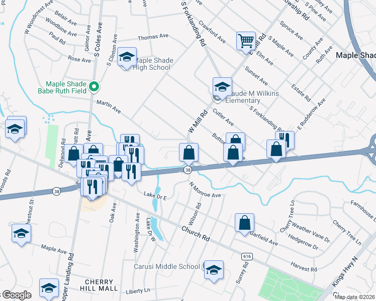 map of restaurants, bars, coffee shops, grocery stores, and more near 2498 New Jersey 38 in Cherry Hill