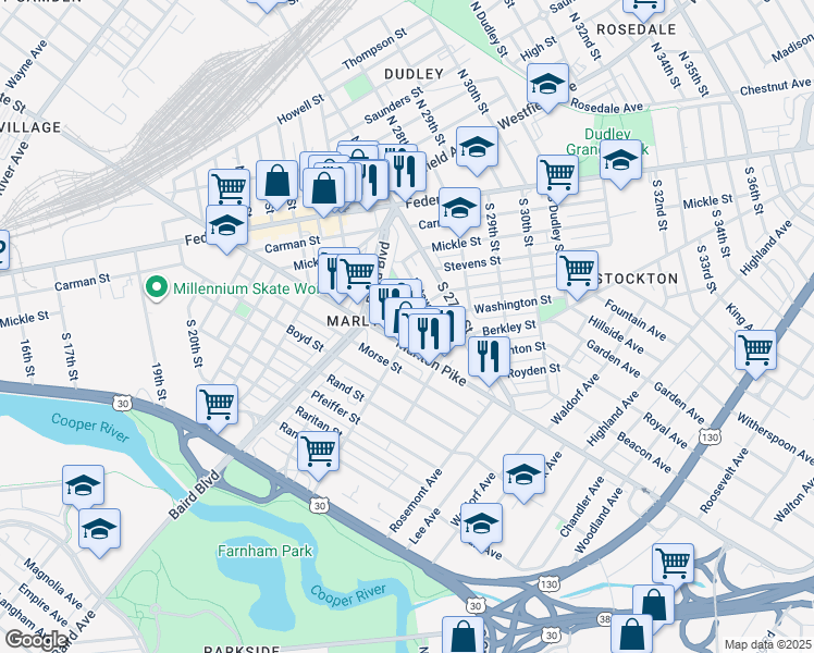map of restaurants, bars, coffee shops, grocery stores, and more near 320 Marlton Avenue in Camden