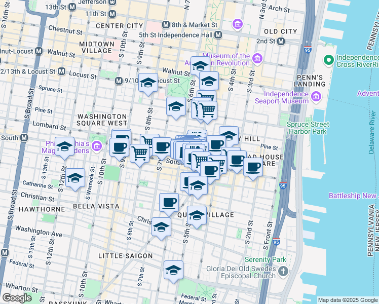 map of restaurants, bars, coffee shops, grocery stores, and more near 517 South Randolph Street in Philadelphia