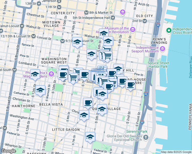 map of restaurants, bars, coffee shops, grocery stores, and more near 517 South Randolph Street in Philadelphia