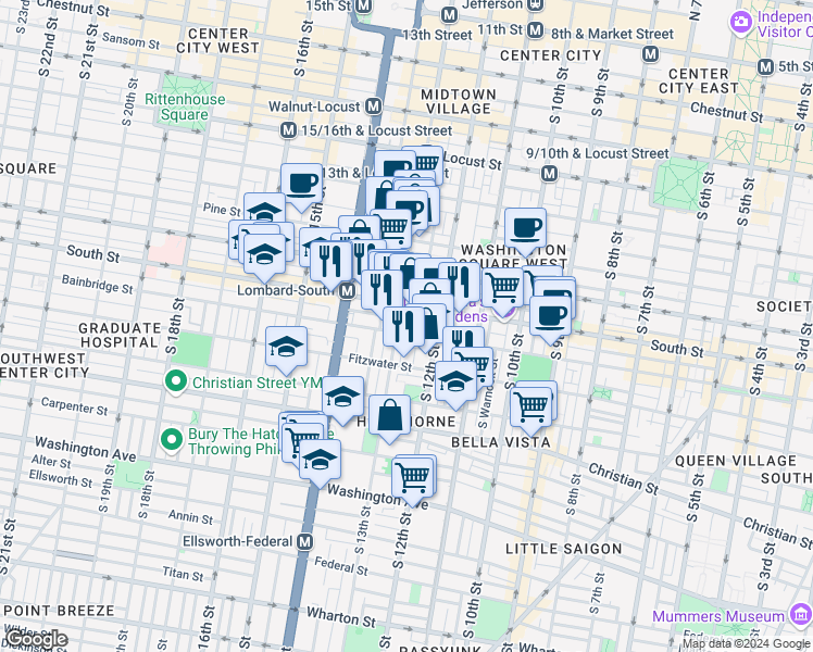 map of restaurants, bars, coffee shops, grocery stores, and more near 1233-35 Bainbridge Street in Philadelphia