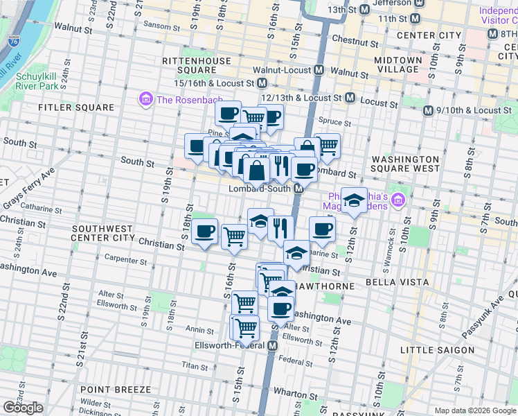 map of restaurants, bars, coffee shops, grocery stores, and more near 1510 Fitzwater Street in Philadelphia