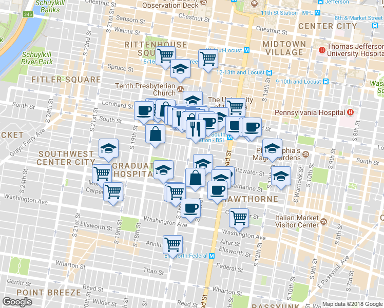 map of restaurants, bars, coffee shops, grocery stores, and more near 742 South 16th Street in Philadelphia