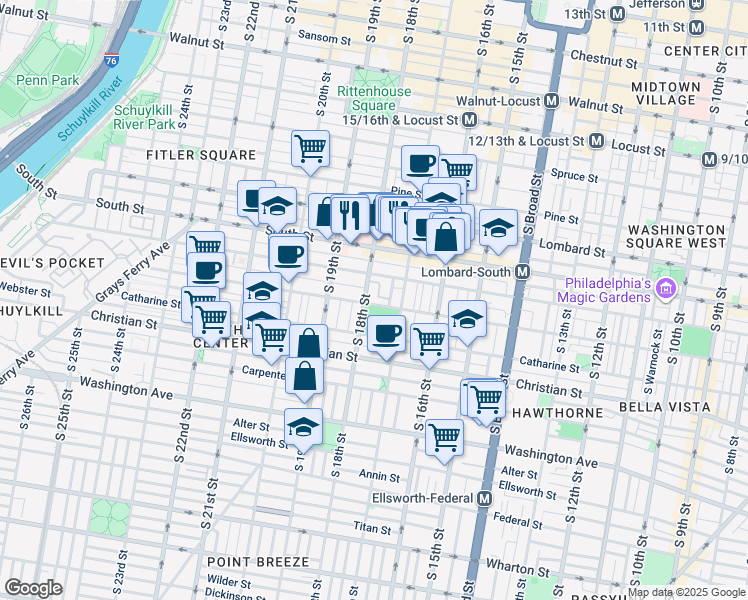 map of restaurants, bars, coffee shops, grocery stores, and more near 764 South 18th Street in Philadelphia