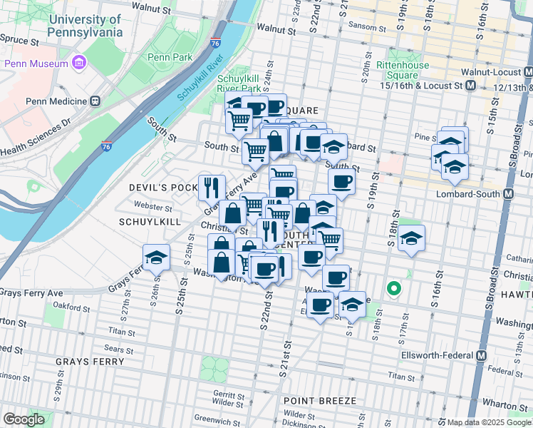 map of restaurants, bars, coffee shops, grocery stores, and more near 2212 Madison Square in Philadelphia